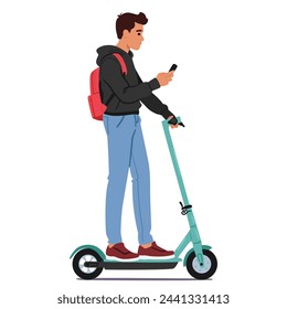 El Adolescente Alegremente Recorre La Ciudad En Una Scooter Eléctrica, Navegando Sin Esfuerzo Por Las Calles Mientras Usa Un Teléfono Inteligente. El carácter utiliza el transporte ecológicamente consciente, moderno, conveniente y moderno