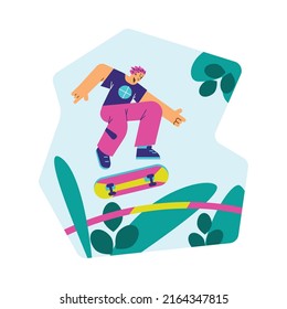 Teenager jumping on skateboard above the fence, flat vector illustration isolated on white background. Skateboard trick or stunt. Cartoon man character skating.