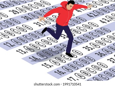 A Teenager Jumping Over A Multiple Choice Bubble Answer Sheet As A Metaphor For A Test Anxiety, EPS 8 Vector Illustration