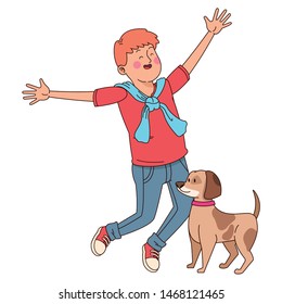 Teenager jumping and walking the dog isolated,vector illustration graphic design.