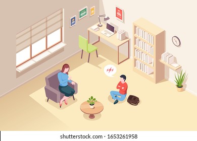 Teenager kid at psychologist counseling, psychology therapy and psychotherapy session, vector isometric design. Psychologist counselor and boy patient in anger, school behavior and life problems