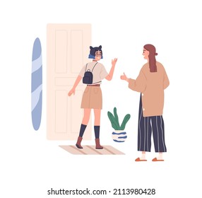 Teenager leaving home, saying bye to mother. Mom sees off daughter. Happy teen girl near door, going to hang out. Parent and child communication. Flat vector illustration isolated on white background