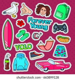 Teenager Lifestyle Doodle with Surf, Pink Car and Fast Food fot Stickers, Patches and Badges. Vector illustration