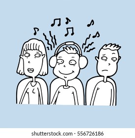 Teenager listening to music on headphones too loud in public transport,  breaking the rules of decency and inconveniencing the people sitting next to him.
