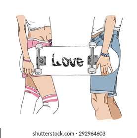 Teenager love card: love you and skateboarding. Girl and boy holding a skateboard with "LOVE" caption on it. You can place your text instead.