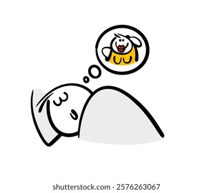 Teenager in love sleeping and dreaming about beautiful woman with big bust. Vector illustration of girl with huge breasts and man at night. Funny stickman lying on the bed under the covers.