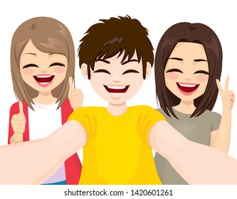 Teenager making funny selfie together smiling happy
