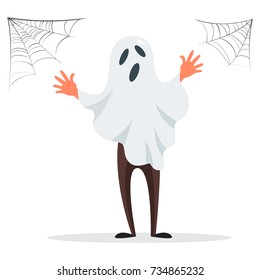 Teenager male dressed in costume of spooky ghost celebrating at Halloween party isolated on a white background