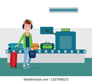 Teenager male passing airport baggage control, holding bag taken from conveyor with x-ray detector, luggage scanner for safety vector illustration
