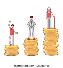 Teenager, man & old man with a walking stick standing on stacks of gold coins. Business metaphor of savings growth. Modern flat style thin line vector illustration isolated on white background.