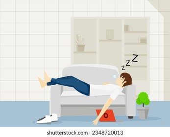 teenager man is sleeping on the sofa happily inside the living room at home with bookshelf and tree pot isolated on background. Vector illustration cartoon style lifestyle holiday, weekend relax 