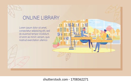 Teenager Man Student Studying, Preparing For Exam In Library Reading Room. Best E-Book For Education. E-Learning. Online Knowledge. E-Library Service Advertising Poster. Vector Illustration