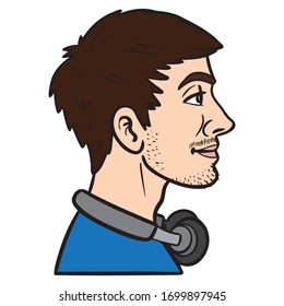 teenager with messy brown hair and headphones from the side. head avatar, blue shirt, brown hair.