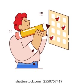 Teenager on exam answering test questions drawing marks in boxes of examination paper. Vector isolated flat cartoon character worried about results. Student in school or university writing