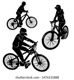 Teenager on a mountain bike. A girl, a boy in a baseball cap is riding a bicycle. Flat style character vector illustration isolated on white background.