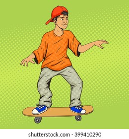 Teenager on a skateboard pop art vector illustration. Comic book imitation. Colorful hand drawn illustration