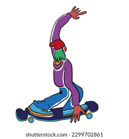 teenager on skateboard in vector.man with long hair in hat in flat style for design.isolated skater doing trick.youth culture.Vector series of personal illustrations