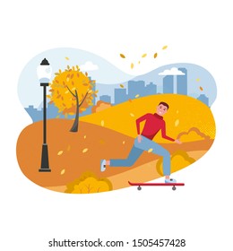 Teenager on skateboard. Young smiling skateboarder, skater in autumn park cartoon character. Skateboarding hobby, extreme leisure. Outdoor recreation, active pastime. Vector flat cartoon illustration