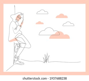 Teenager on the Smartphone Mobile Phone Outline Minimalist Vector Illustration with Modern Monoline Concept and Black Pink Colors.