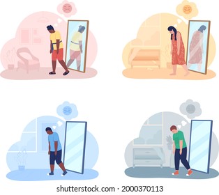 Teenager with overweight problem 2D vector isolated illustration. Mental health issue. Obese girl and boy in front of mirror flat characters on cartoon background. Teenager problem colourful scene