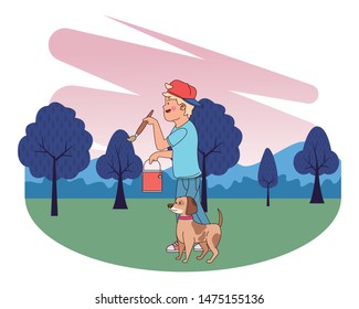 Teenager painting with brush and walking the dog in the park, outdoors scenery background vector illustration graphic design.