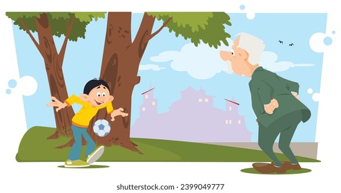 Teenager in park with soccer ball. Funny people. Illustration concept template for website, web landing page, banner, presentation, social, poster, promotion or print media.