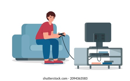 Teenager playing video games on game console with TV. School boy spend free time at home. Flat or cartoon vector illustration.