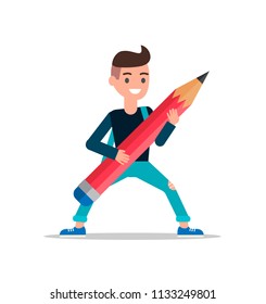 Teenager plays on the pencil as on guitar. Education and back to school concept. Vector illustration