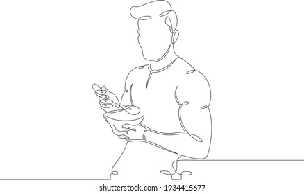 Teenager preparing and eating food.Man eating. Portrait of the character of the food. One continuous drawing line  logo single hand drawn art doodle isolated minimal illustration.