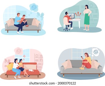 Teenager problems 2D vector isolated illustration set. Parent support to kid. Adolescent child with depressing thoughts flat characters on cartoon background. Teen issues colourful scene collection