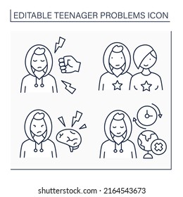 Iconos de la línea de problemas del adolescente. Escenas emocionales, saltando a la escuela. Presión de compañeros, apariencia. Concepto de problema social. Ilustraciones vectoriales aisladas. Trazo editable