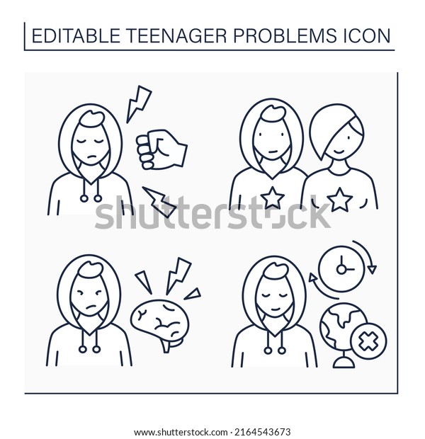 Teenager problems line\
icons. Emotional flashes, skipping school. Peer pressure,\
appearance. Social problem concept. Isolated vector illustrations.\
Editable stroke
