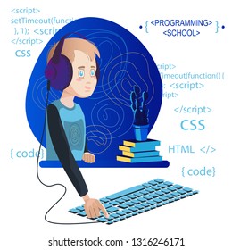  Teenager programming code with mobil. Vektor eps 10