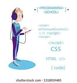  Teenager programming code with mobil. Vektor eps 10