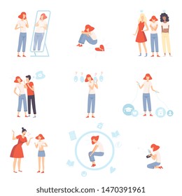 Teenager Puberty Problems Set, Anxiety, Depression, Problems with Parents, Stress at School, Bulling, Unrequited, One Sided Love Vector Illustration