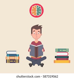 Teenager reading a lot of books and remembers everything. Vector illustration in a flat style