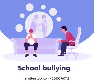 teenager at the reception of a psychologist about school bullying. teenage violence concept. Vector illustration in a flat cartoon style