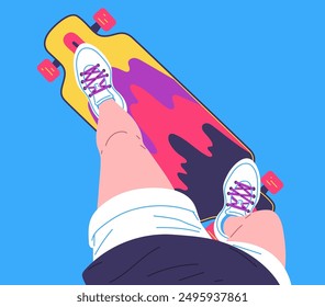 Teenager ride on longboard view from above vector flat illustration. Feet of person in shorts and sneakers on skateboard on blue. Cartoon urban recreation youth sport activity, bright street design