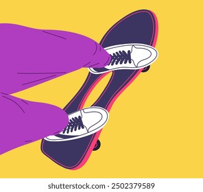 Paseo adolescente en monopatín con un agujero en el medio, vista desde arriba ilustración de dibujos animados de Vector. Piernas de la persona en pantalones morados y zapatillas blancas en longboard en amarillo. Actividad deportiva extrema