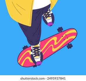 Teenager ride on skateboard view from above vector flat illustration. Put foot in trousers and sneakers on longboard on blue background. Bright street design. Cartoon urban youth sport activity