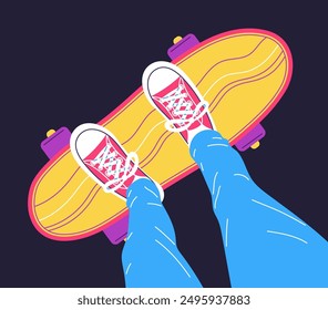 Teenager ride on skateboard view from above vector flat illustration. Feet of person in blue jeans and sneakers on skateboard on black background. Cartoon street urban recreation youth sport activity