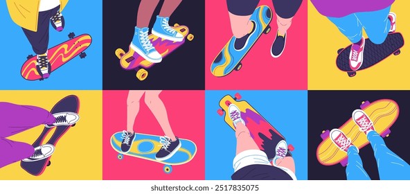 Adolescente cavalgar na visão de skate a partir acima do conjunto de ilustrações planas vetoriais. Pés de pessoa em tênis no longboard. Cartoon recreação urbana juventude esporte atividade, projeto de rua brilhante