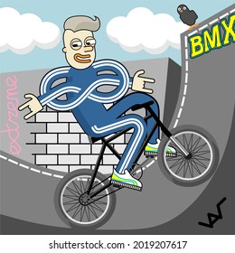 teenager riding a bike doing stunts - funny pop art and grunge style illustration