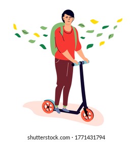 Teenager riding a kick scooter - colorful flat design style illustration on white background. High quality composition with a cute boy with a backpack. Active lifestyle, sport, urban vehicle concept