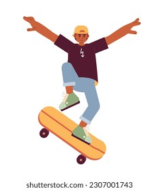 Teenager riding skateboard flat vector cartoon character. Skateboarding youth culture spot illustration. Extreme sport. Full body person isolated on white. Editable 2D simple drawing, graphic design