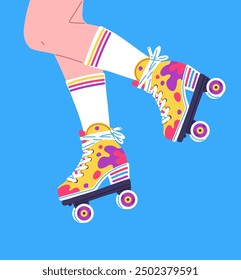 Adolescente patinaje sobre ruedas pies ver Vector ilustración plana. Piernas de persona en patines de ruedas modernos y calcetines de diseño brillante. Niña patinadora sobre patines en azul. Actividad deportiva juvenil de la calle de dibujos animados