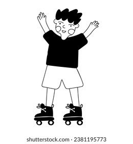 Teenager roller skating. Graphic design. Black color. Vector outline illustration.