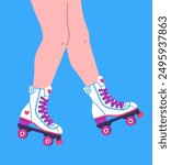 Teenager roller skating vector flat illustration. Girl skater on rollerblades on blue background. Legs of person on white retro roller skates with heart. Cartoon street recreation youth sport activity