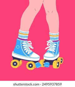 Adolescente patinaje sobre ruedas Vector ilustración plana. Patinadora sobre patines sobre fondo rosa. Patas en diseño de zapatillas de skate retro azul. Actividad deportiva juvenil de Ocio callejero de dibujos animados