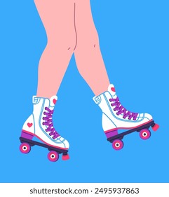 Teenager roller skating vector flat illustration. Girl skater on rollerblades on blue background. Legs of person on white retro roller skates with heart. Cartoon street recreation youth sport activity